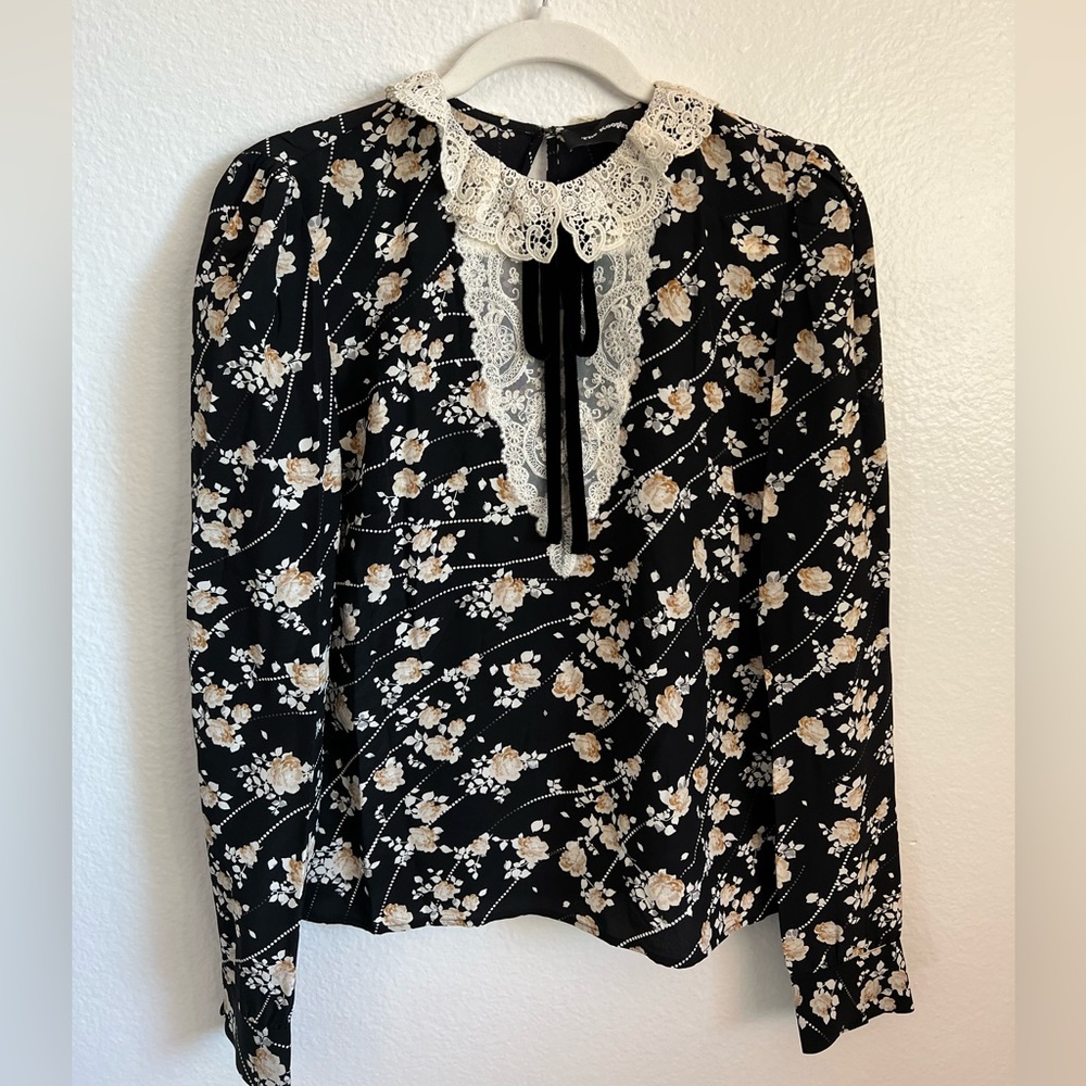 Kooples printed black blouse w lace collar velvet Size M